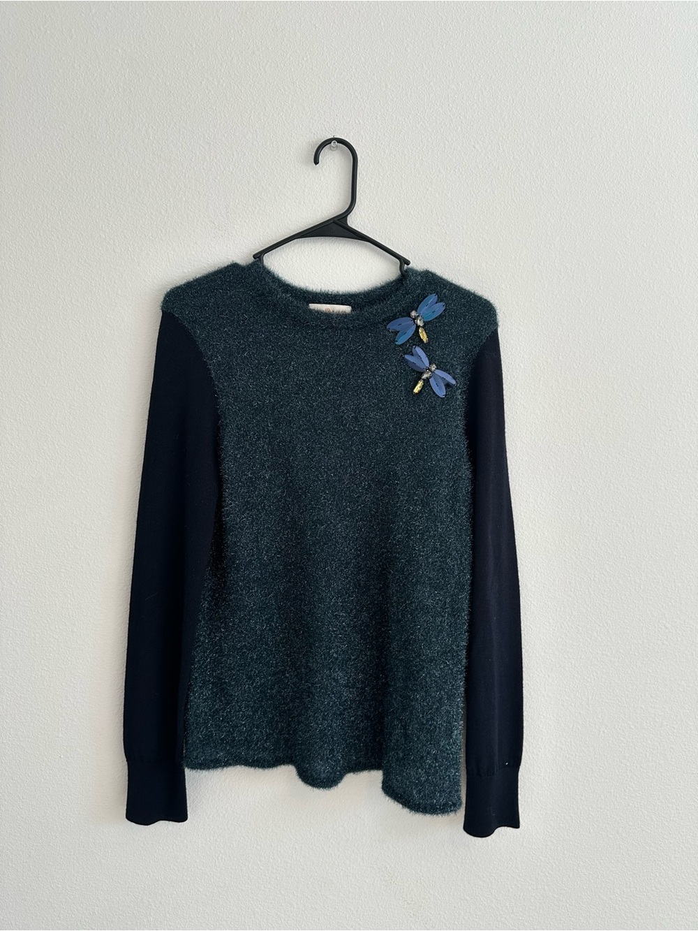 Tory Burch Jeweled Dragonfly Mixed Media Sweater 100% Merino Wool Size M